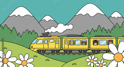 Yellow cartoon train with passengers traveling through a scenic landscape.