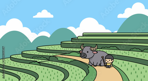 A small child stands beside a water buffalo on a path.