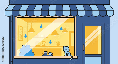 A charming blue storefront with a cat sitting on the window sill.