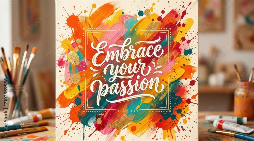 Fototapeta premium Embrace Your Passion: Vibrant Abstract Art with Artist Brushes and Paint Tubes - Creative Studio Inspiration