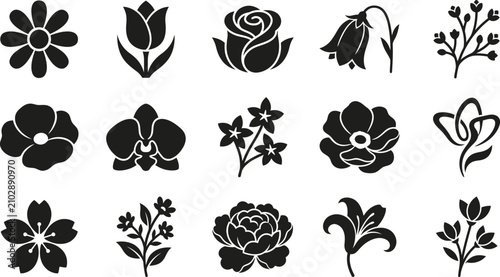 Bild auf Leinwand Fifteen black flower silhouettes featuring daisy, tulip, rose, bellflower, orchi