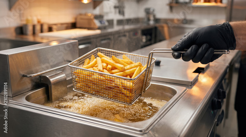 Close up of fresh potato fries cooking in stainless steel deep fryer with bubbling oil, representing fast food, commercial kitchen, restaurant equipment, snack preparation and professional foodservice