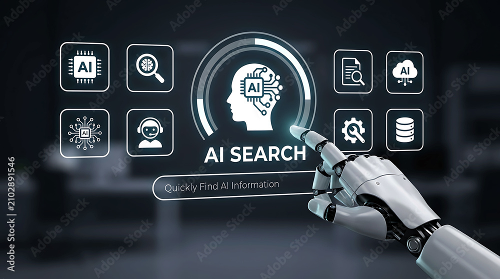 Fototapeta premium AI Search Interface Robotic Assistant Smart Technology Data Discovery Hub