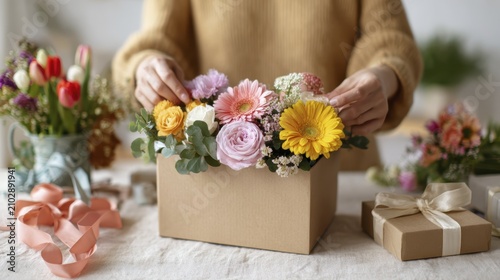 Floral arrangement in box with colorful blooms and gift preparation on table