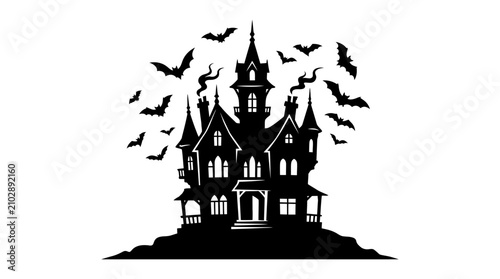 Fotografie Helloween Spooky haunted house silhouette with flying bats, gothic victorian man