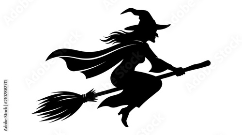 Foto Helloween Witch silhouette flying on broomstick vector, spooky Halloween charact