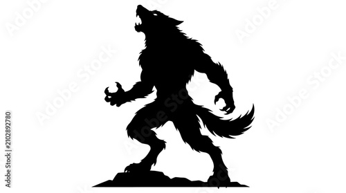 Schilderij op canvas Helloween Werewolf silhouette howling at the moon, mythical creature black vecto