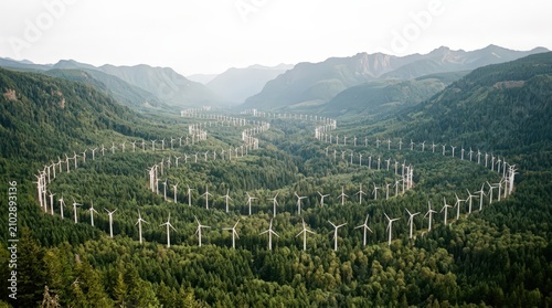 Wind turbines arranged circular pattern within forested mountain valley symbolizing sustainable economy