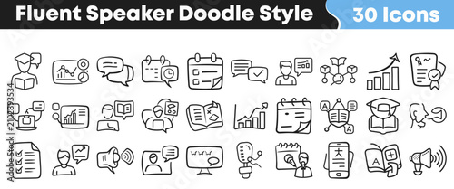 Foto Set of thirty hand drawn fluent speaker doodle style icons