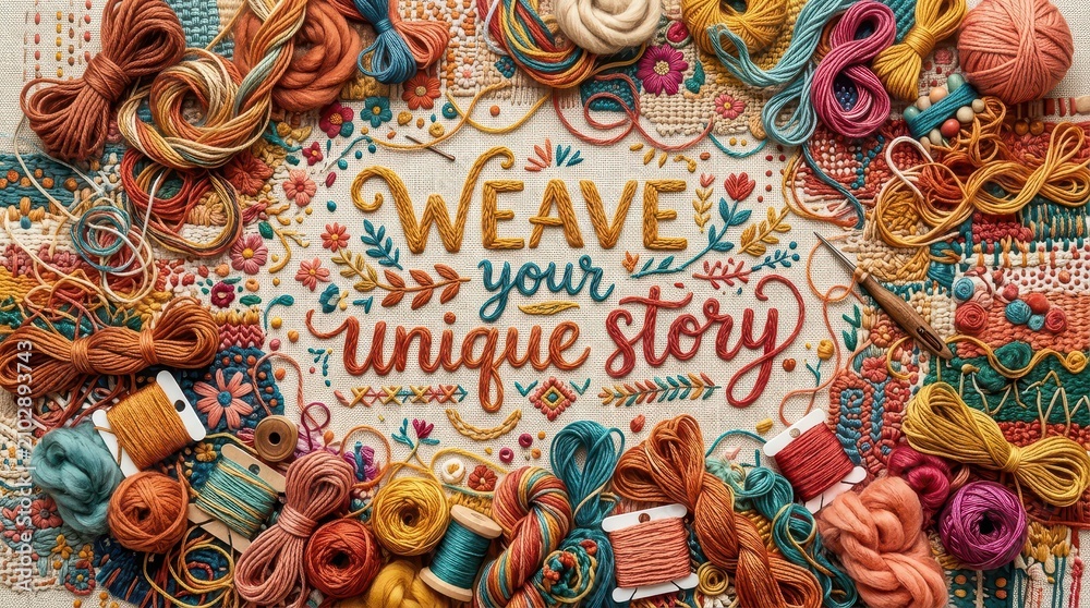 Fototapeta premium Creative embroidery and needlecraft supplies with inspirational text 'Weave your unique story' for crafting inspiration