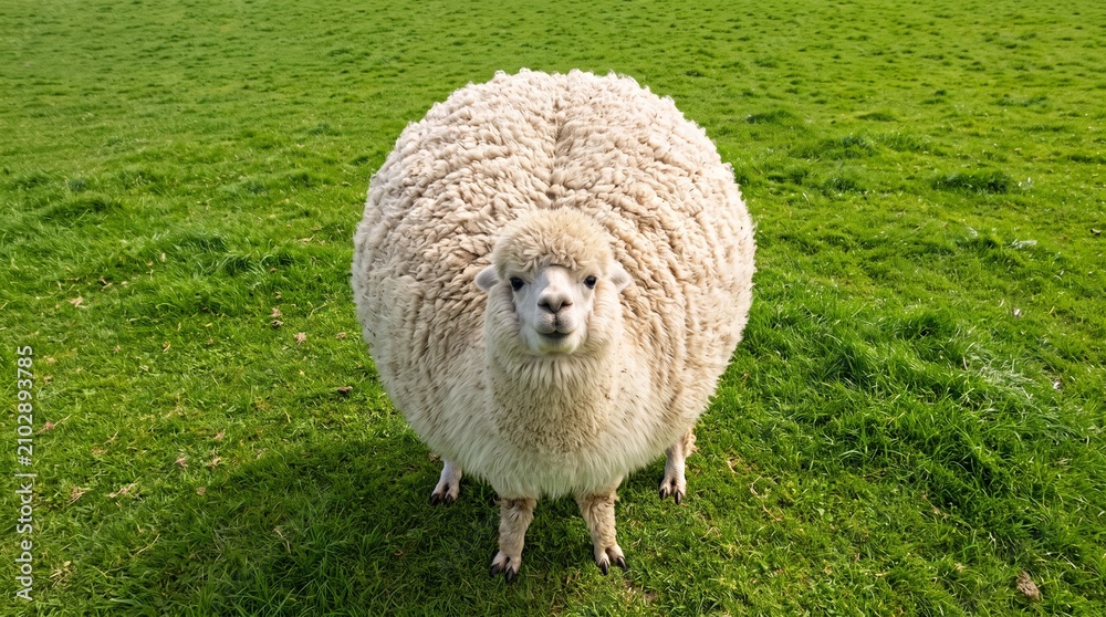 Obraz premium Alpaca stands in a lush green field while looking directly at the camera lens.