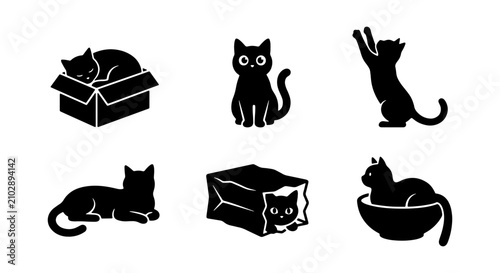 Fotografie Black Cat Icons Set, Cute Feline Poses Vector Graphics, Whimsical Pet Silhouette