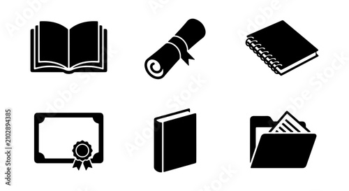 Konstfotografi Education Icons Set: Open Book, Scroll, Notebook, Diploma, Hardcover Book, Folder