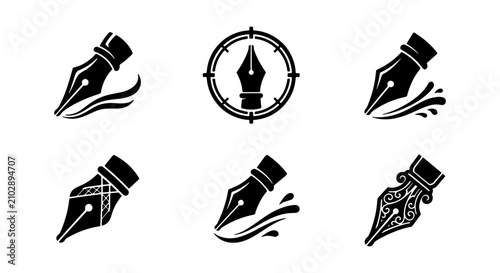 Foto Elegant Fountain Pen Nib Icons Set, Calligraphy Tools Collection, Writing Instru