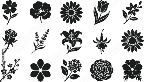 Quadro su tela Set of fifteen black silhouette flower showcasing diverse botanical shapes inclu