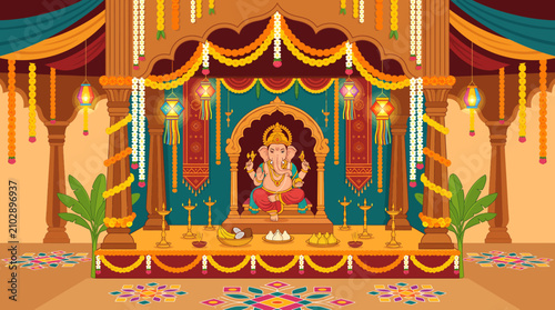 Traditional Indian Decoration for Ganesh Chaturthi with Lord Ganesha Statue