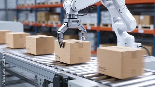 A robotic arm operates on a conveyor belt in a warehouse, sorting cardboard boxes for distribution.
