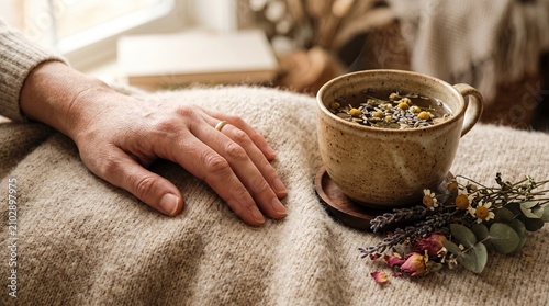 Closeup hand resting on cozy knit blanket beside steaming chamomile herbal tea cup