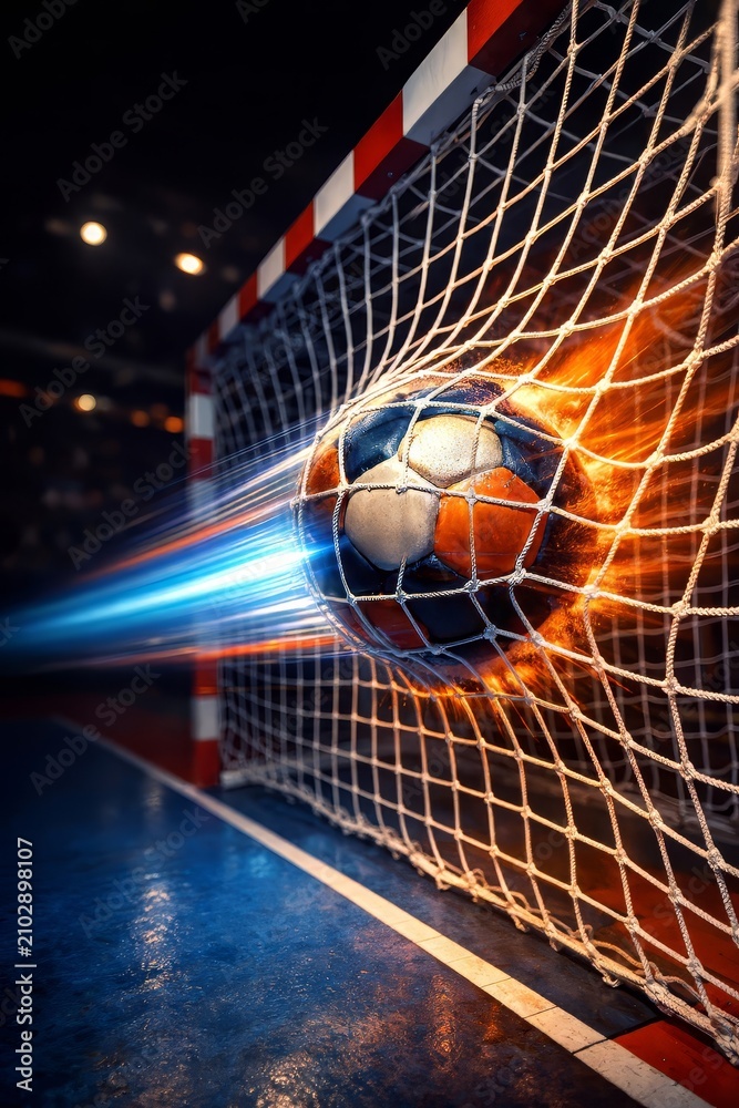 Fototapeta premium Handball goal with fire and speed, dynamic motion impact, scoring in stadium competition, intensity of energy and victory in sports championship, professional match action shot with motion blur
