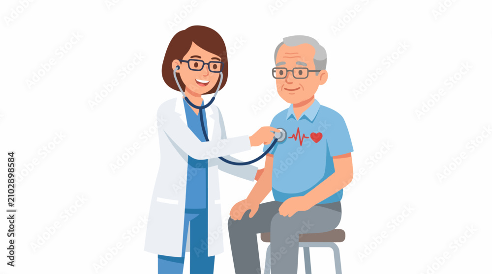 Fototapeta premium Doctor examining elderly patient with stethoscope heart checkup illustration