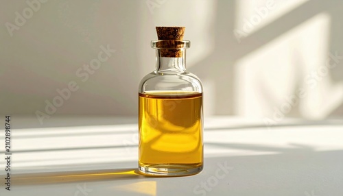 A clean commercial shot of a clear glass oil bottle with a cork stopper