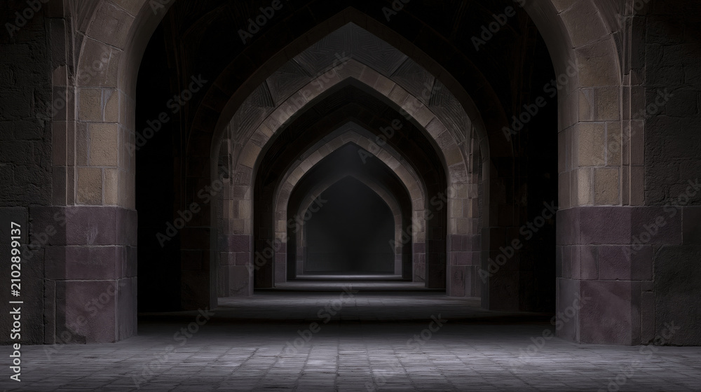 Obraz premium Dark stone arch interior gothic corridor vaulted hallway repeating arch shadowy passage empty room ancient architecture stone wall dim light medieval building