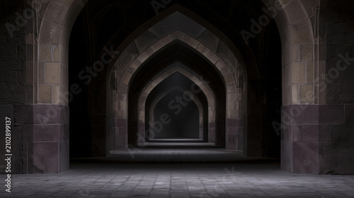 Dark stone arch interior gothic corridor vaulted hallway repeating arch shadowy passage empty room ancient architecture stone wall dim light medieval building