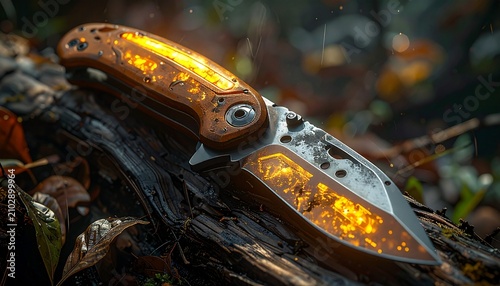 A fantasy glowing tactical folding knife resting on a dark forest log.