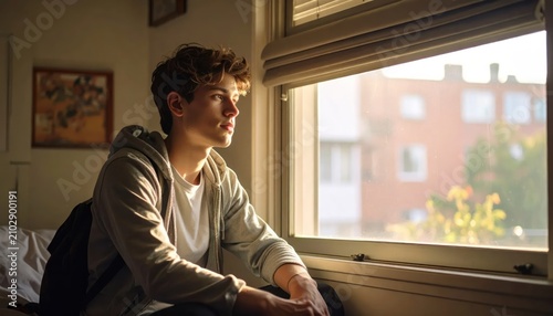 Young man in hoodie looking out window, contemplative mood, natural light streaming in
