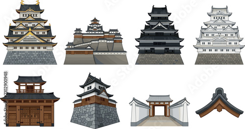 Quadro su tela Japanese Castle Icons Set with Traditional Pagoda Architecture Stone Wall Gate a