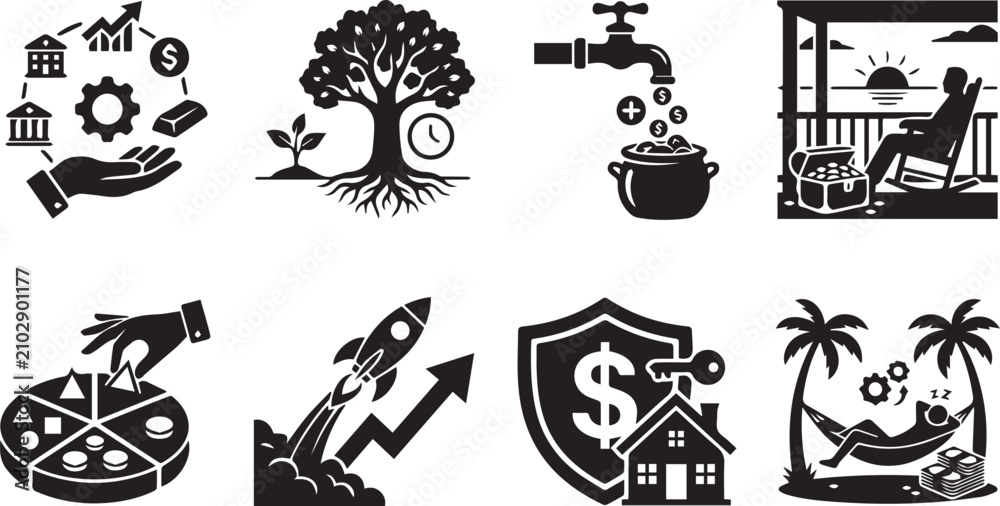 Naklejka premium Financial investment retirement planning and asset allocation vector icon set for wealth management business concepts