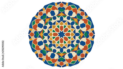 Intricate Geometric Mandala Featuring Traditional Moroccan Zellige Tile Art Patterns with Vibrant Mosaic Colors for Decorative Cultural Design