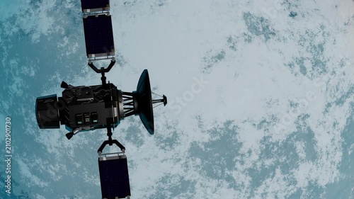 Satellite in Space passing planet, 3D animation
