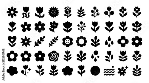 :
Black Floral Silhouette Icons Playful Flowers Organic Shapes Vector Collection