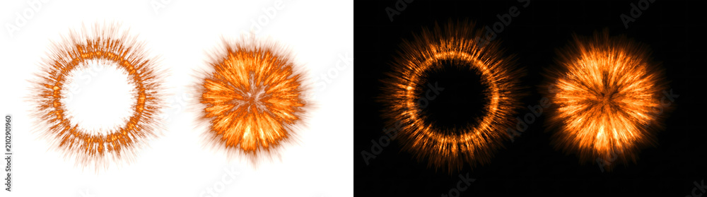 Fototapeta premium Explosion ball set with realistic orange fire ring and sun flare structures for dynamic thermal flash overlay templates providing PNG, Transparent and Black Background Versions to users