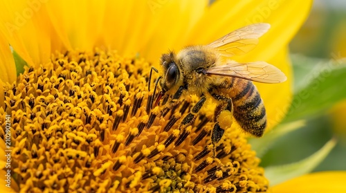 Close-up of a bee collecting nectar from a bright yellow sunflower.
