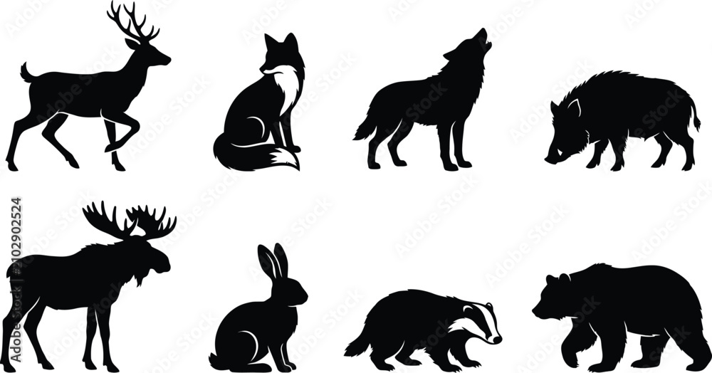 Fototapeta premium Woodland Animal Silhouettes Collection Featuring Deer, Fox, Wolf, Boar, Moose, Rabbit, Badger, and Bear