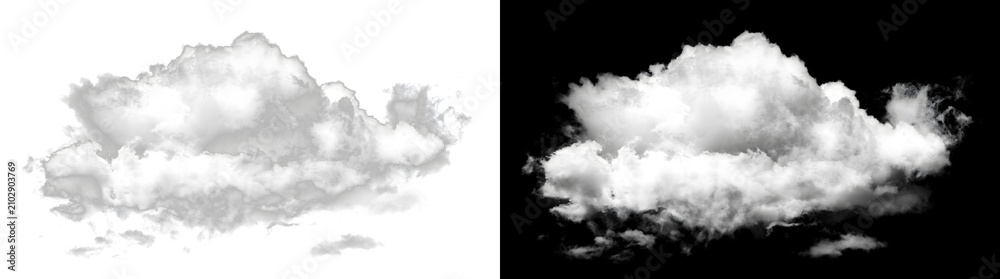 Fototapeta premium Realistic white cumulus cloud set with atmospheric fog and heavy steam puff structures for dynamic storm sky overlay templates providing PNG, Transparent and Black Background Versions to users
