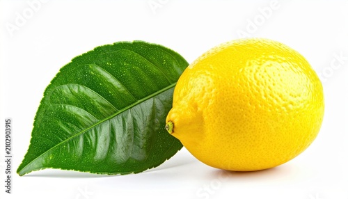 Lemon fruit with leaf: A bright vibrant yellow lemon fruit paired with a single fresh green leaf, isolated on a white background.