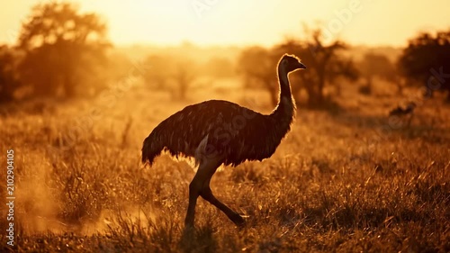 A solitary emu traverses the golden savanna grassland underneath a vibrant glowing sunrise while soft rays reflect across the vast horizon creating a peaceful atmospheric moment