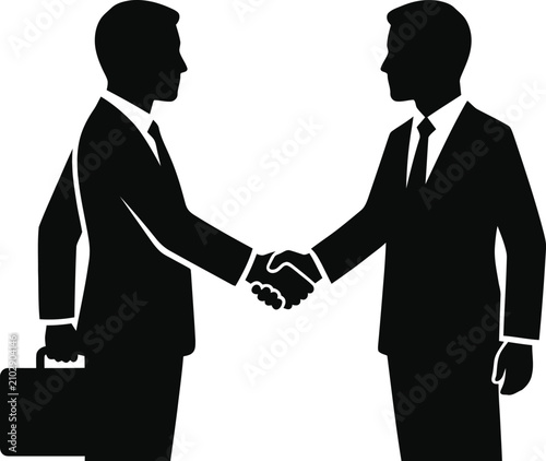 Tablou pe pânză Silhouette of two businesspeople shaking hands a black shape against a white bac