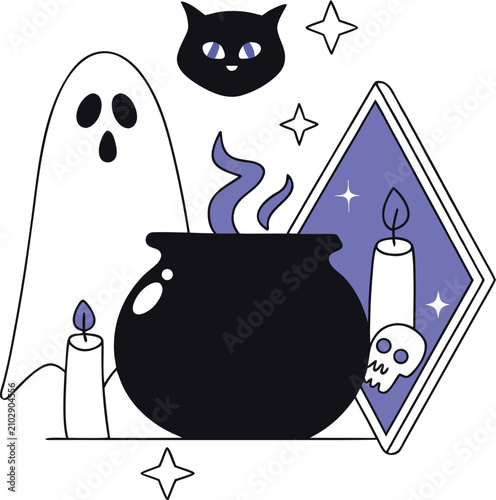 Halloween cauldron with bubbling potion and spooky icons. Vector witchcraft symbols for magic spells, alchemy, and supernatural themes.