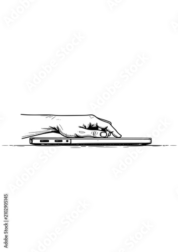 Hand reaching to touch a laptop in a minimalist style