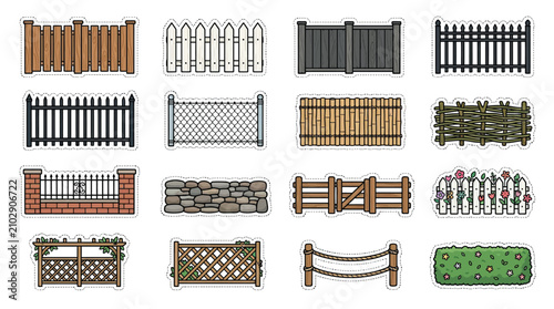 Slika na platnu A comprehensive collection of various fence types and garden barriers, including wood, metal, stone, and hedges, for property demarcation and landscaping