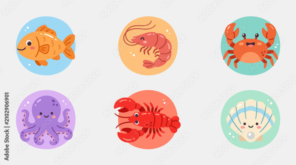 Fototapeta premium Cute marine life icons set