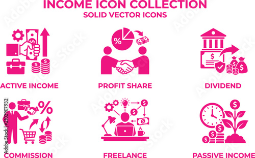 Konstfotografi Income icon collection featuring six solid pink business vector symbols includin