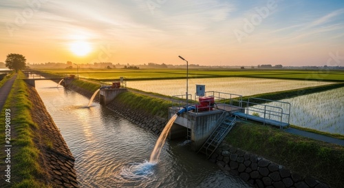 Water pump irrigating rice fields at sunset.