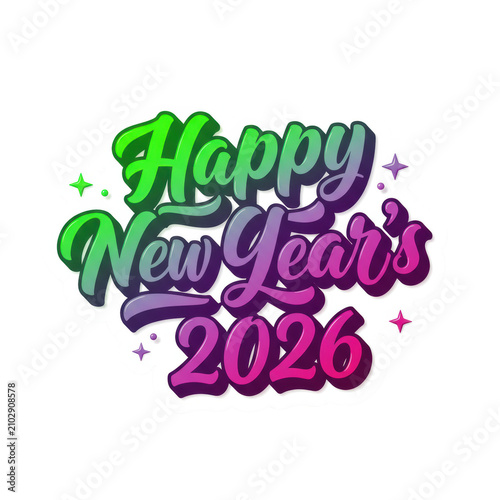highly stylized 3d calligraphic 'happy new year's 2026' text with electric green to deep purple glossy gradient, holographic stars, isolated on transparent. concept of vibrant holiday celebration