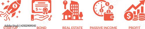 Business and finance icons set depicting startup bond real estate passive income and profit concepts with business investment financial building property contract certificate corporate