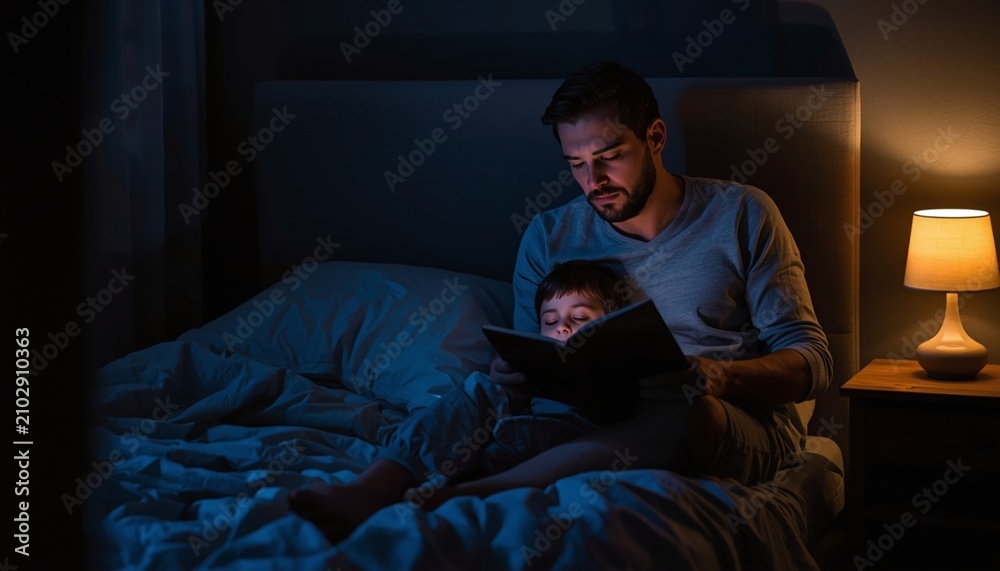 Fototapeta premium A caring father sits in a dimly lit bedroom reading a bedtime story to his young son while they relax together under the soft glow of a bedside lamp